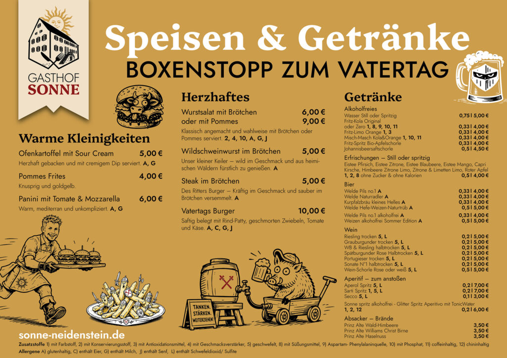 Unsere Karte zum Boxenstopp am Vatertag bringt Burger vom Grill, kalte Getränke und genau die Stärkung, die unterwegs gebraucht wird. 
